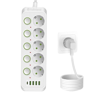 Prelungitor, Yulinland®, 4xUSB Porturi, 1xType-C Porturi, 5 x prize de curent alternativ, 2500W, 2.0M, Alb
