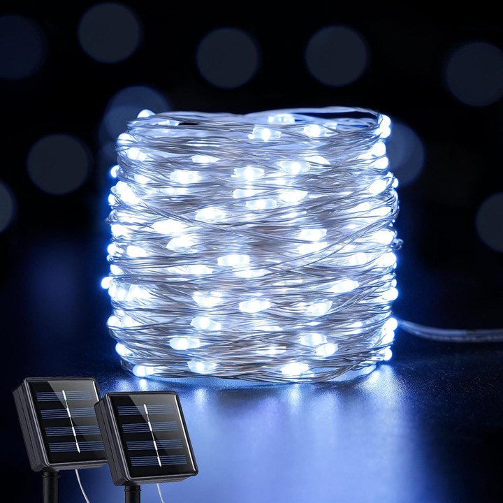 Ghirlanda cu LED-uri solare 22m, 200 LED-uri, Lumina alba rece, pentru decorare gradina, nunta, Craciun, petrecere