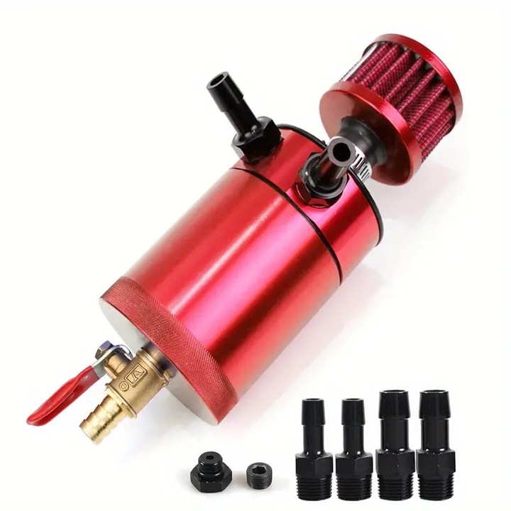 Separator de ulei SkyTechs® kit universal de colectare ulei cu filtru cu 4 adaptoruri + valva de scurgere plug cu 2 porturi (1 iesire + 1 intrare) 200 ml rezervor de ulei universal din aluminiu