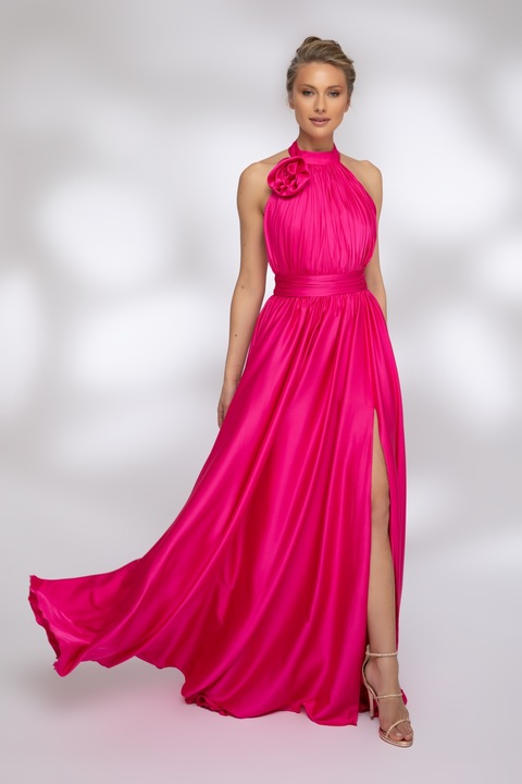 Rochie lunga ciclam din satin cu brosa,3XL