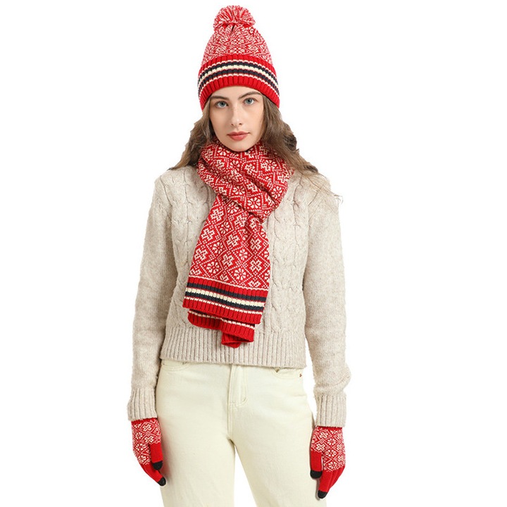 Háromrészes téli hőszigetelő szett - Kötött sapka béléssel, sál és kesztyű, szél- és hidegálló, karácsonyi és újévi ajándék, piros