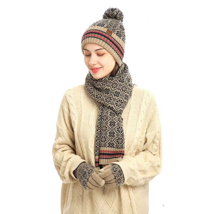 OEM Három darabos téli hőszigetelő szett, Kötött sapka béléssel, sál és kesztyű, szél- és hidegálló, uniszex, karácsonyi és újévi ajándék, bézs