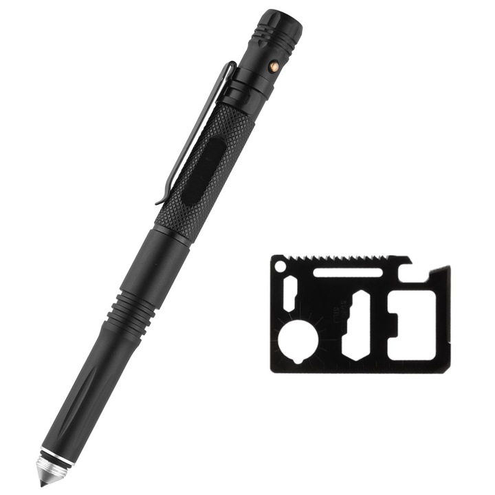 Pix tactic multifunctional, ZGGZERG, Iluminare LED, Cu reumplere stilou, Cutit card si acumulator, Corp anti-alunecare pentru stilou, design inovativ, Anti-coroziune, Pentru autoaparare/situatii de urgenta, Aluminiu, 158*3.8mm, Negru