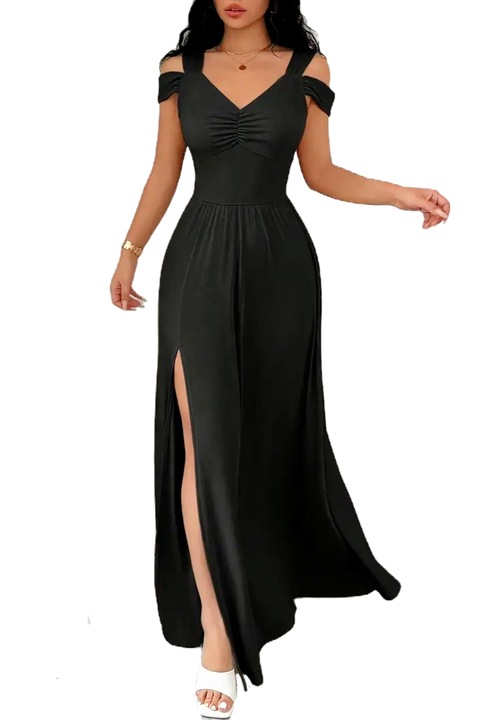 Elegáns hosszú ruha, laza A-vonalú szabással, hangsúlyos derékkal, széles pántokkal és vállra omló ujjakkal, esti kiruccanásra, alkalmi ruhára, báli ruhára., Fekete