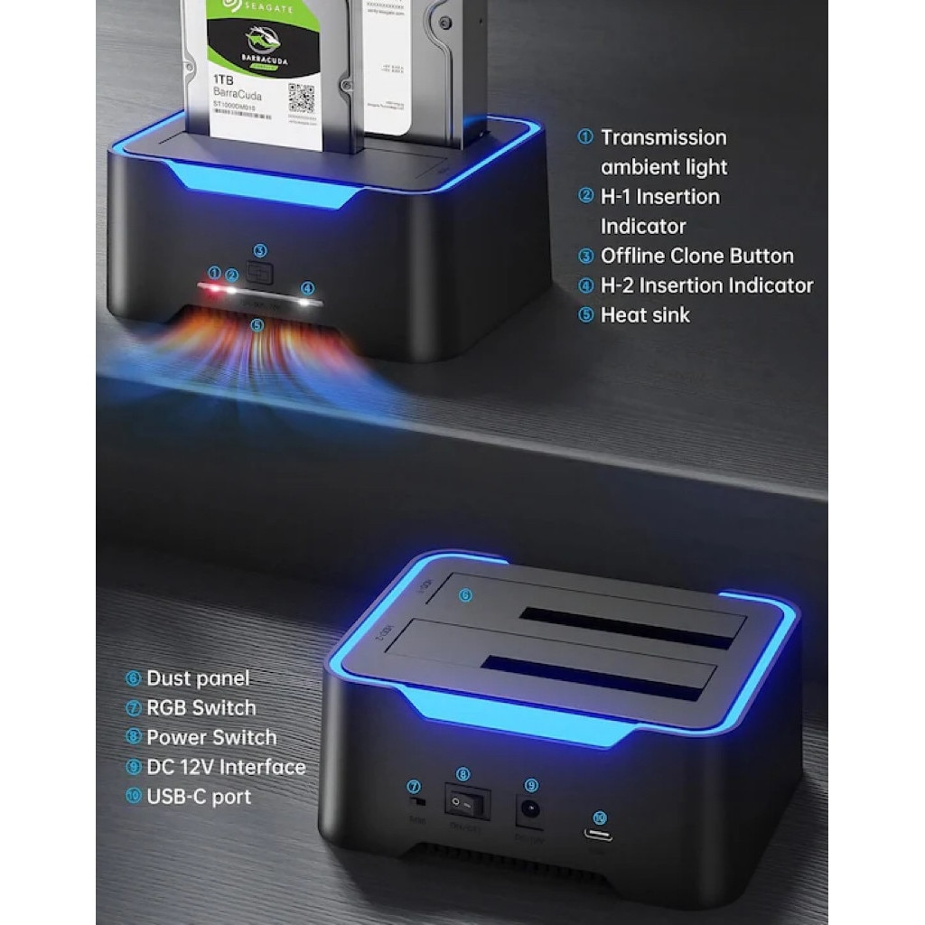Statie de andocare pentru hard disk RGB, USB 3.0, Docking Station Dual ...