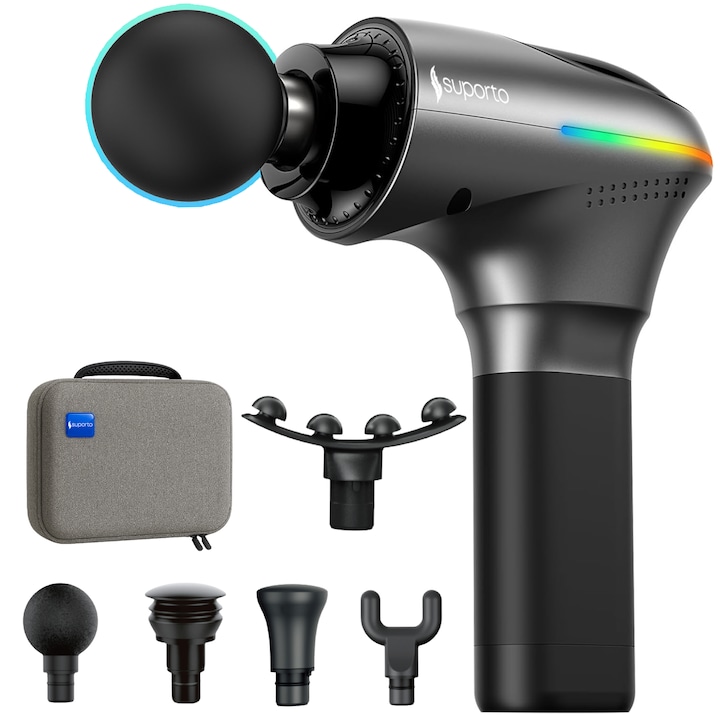 Pistol Masaj Premium Suporto F3 Neon, Aparat de masaj profesional cu percutii pentru Relaxare si Tonifiere, Circulatie, Anticelulitic, Ameliorarea Durerilor Musculare, Baterie 4000 Mah 3h+, Amplitudine 8 mm, 5 capete, Geanta Transport, Argintiu