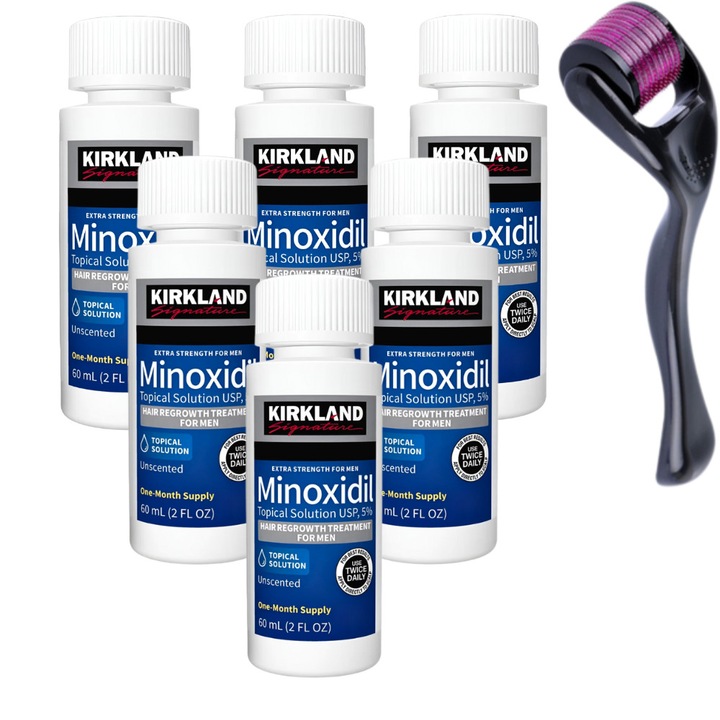 Комплект Kirkland, 6 месеца приложение и дермаролер със защитен калъф, лечение против косопад и за растеж на брада - 0,5 мм