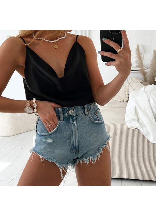 Top Satin, Bretele, Marime Universala, Lungime Medie, Negru