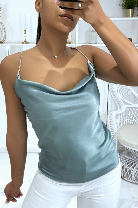 Top Satin, Bretele Cu Strasuri, Marime Universala, Lungime Medie, Turcoaz-Bleu