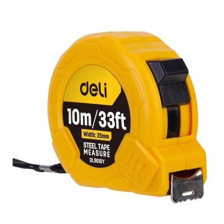 Ruleta Deli 10m x 25mm, carcasa ABS, galben, cu blocare automata