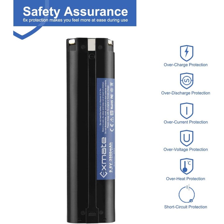Exmate 9.6V 3.5Ah akkumulátor Makita 9000, 9001, 9002, 9033, 9600 gépekhez – Ni-MH típusú, nagy kapacitású, kompatibilis és CE/FCC/RoHS tanúsítvánnyal rendelkezik