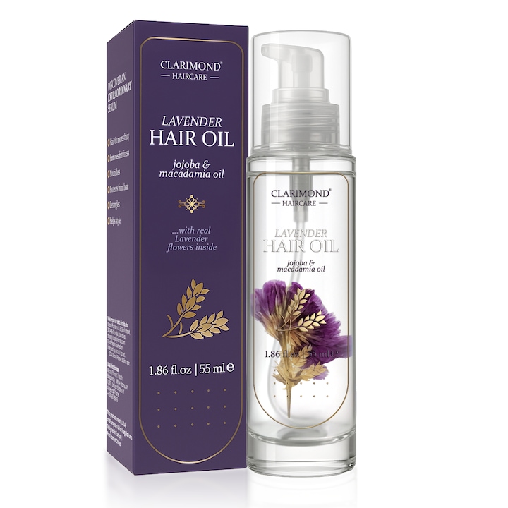 Ulei pentru par cu Lavanda Clarimond, Infuzat cu Aloe Vera si Ulei de Jojoba, cu flori de Lavanda in interior, Hidratare si Anti-incretire, Pentru toate tipurile de par, Fara Parabeni & Sulfati, 55 ml
