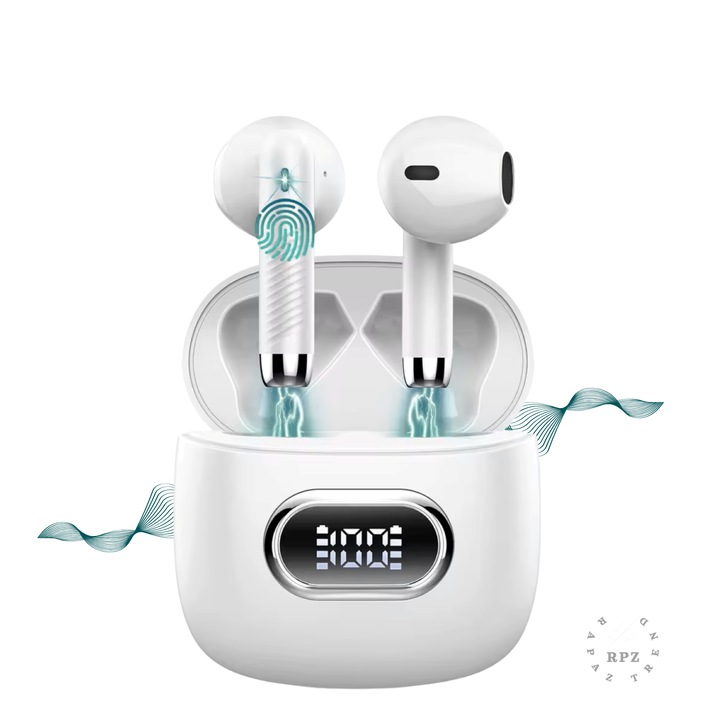 Casti audio wireless NEW VIBE bluetooth, anulare a zgomotului imbunatatita, compatibilitate niversala, fara fir, afisaj digital, bluetooth 5.3, autonomie 42 ore cu carcasa microfon HD, control tactil, latenta de 41-50 ms, Rezistente la apa, Sport, ALB