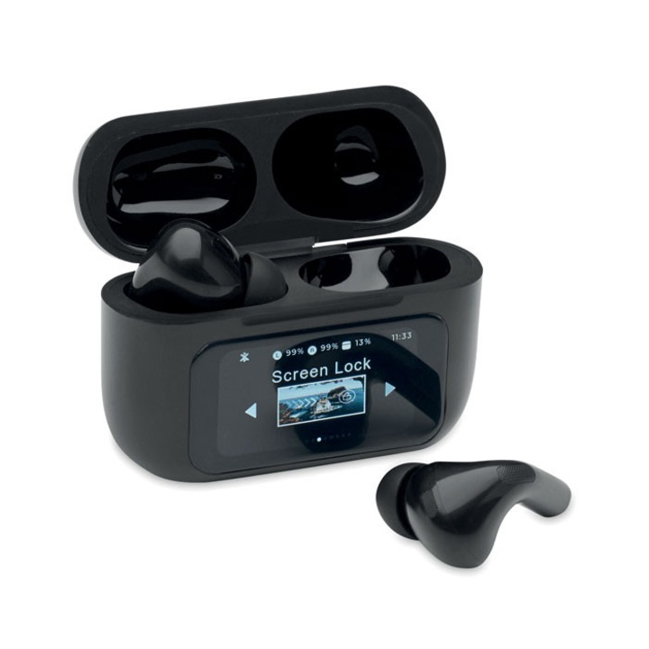 Casti Wireless Bluetooth 5.3, cu Ecran Tactil, Anularea Zgomotului Fundal, Functie Localizare Casti, Autonomie 40 de ore, Audio 3D, Fara Fir, In-ear, Microfon HD, Rezistente la Apa IPX5, Equalizer, Compatibilitate Universala, Negru