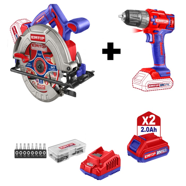 Pachet promo Fierastrau circular, unghi taiere reglabil, 185mm + Masina de gaurit si insurubat + 2 acumulatori 2.0AH + incarcator