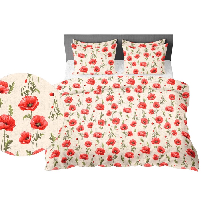 Lenjerie de pat 160x200 maci pe fond crem