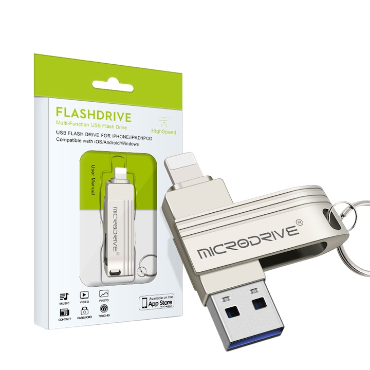 USB memória, 2 az 1-ben OTG, 128 GB, USB 3.0, olvasási sebesség 50 MB/s, Ezüst