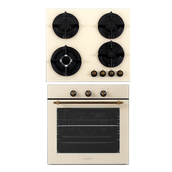 Rusztikus beépített csomag Studio Casa Viva Parma Glass Beige, Multifunkciós elektromos sütő és gáztűzhely, 8 funkció, Ventilátor, Grill, A osztály, Bézs üveg
