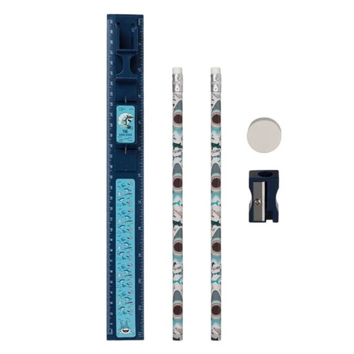 Ученически комплект ANTBRO® Rechini Bleu – 5 части с линийка – Комплект ученически пособия за момчета и унисекс, приключенски дизайн – идеален за училище и подарък