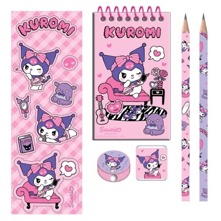 Set Scolar ANTBRO® Kuromi – 6 Piese, 5 Articole – Kit Rechizite pentru Fete cu Tema Kuromi, Accesorii Cute pentru Scoala si Cadou