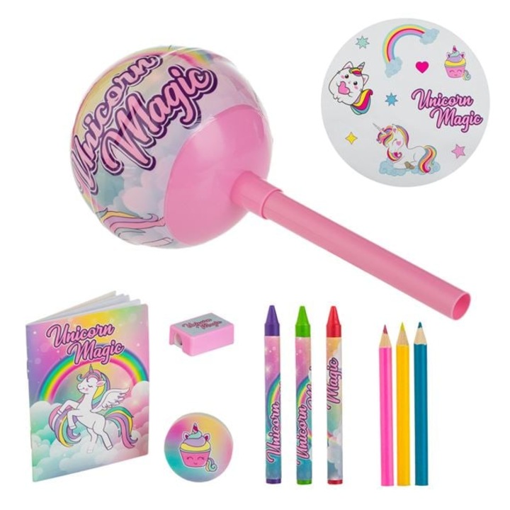 Комплект Scolar ANTBRO® Lollipop Unicorn – 10 броя – Комплект ученически пособия за момичета, цветна тема еднорог, идеален за училище и подарък
