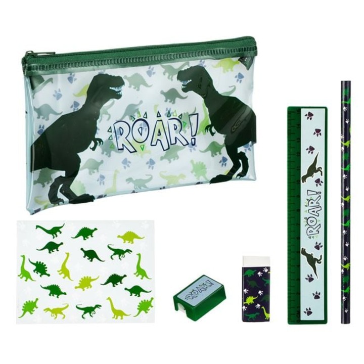 Set scolar, Dinozaur, 6 piese, penar 19x10 cm, carnetel pagini albe, rigla 15 cm, creion, radiera, ascutitoare, verde