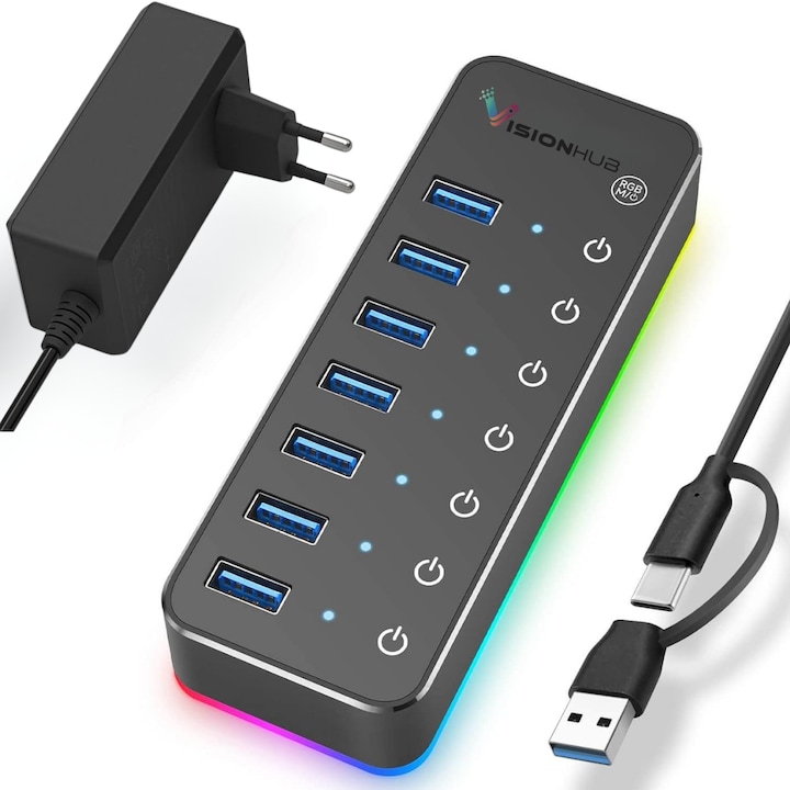 USB 3.0 RGB хъб със 7 порта, 20W захранване, 2 в 1 USB-A и USB-C кабел, 14 режима на осветление, 5Gbps трансфер, алуминий, независими превключватели, пълна защита, едновременна връзка за лаптоп, компютър, конзола, преносим многопортов адаптер VisionHub®