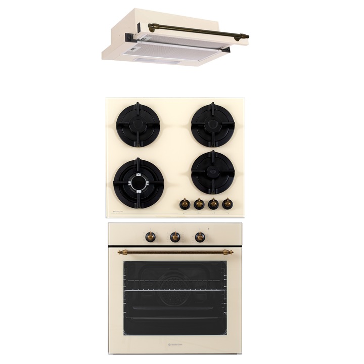 Pachet incorporabil rustic Studio Casa Viva Lean Parma Glass Beige, Cuptor electric multifunctional, plita gaz sticla si hota telescopica, 8 functii, Ventilator, Grill, Clasa A, Beige