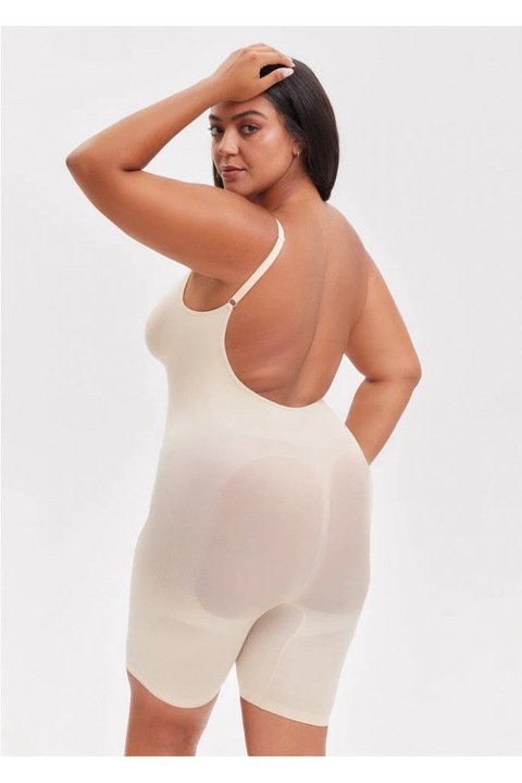 Body Modelator cu Picior si Spatele Gol, Push-Up Bust, Compresie Medie, Material Fara Cusaturi, Alb