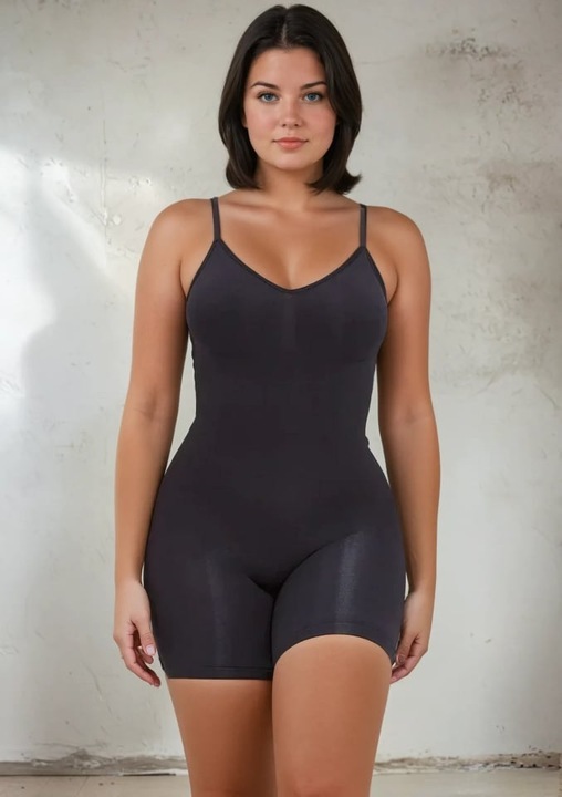 Body Modelator cu Picior si Spatele Gol, Push-Up Bust, Compresie Medie, Material Fara Cusaturi, Negru