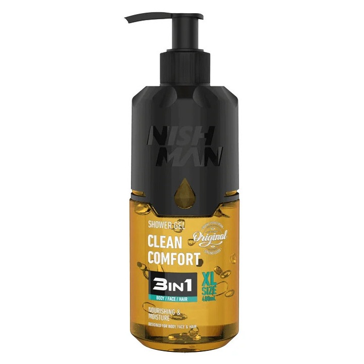 NISH MAN 3in1 Clean Comfort tusfürdő, 480 ml, testre, arcra és hajra, gél, férfiaknak