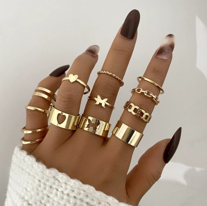 Set 11 inele Love butterfly, pentru Femei, Aspect Fashion, Stainless-steel, Auriu