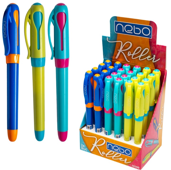 Set de 24 pixuri din plastic Nebo, 3 culori diferite in set, pix cu bila