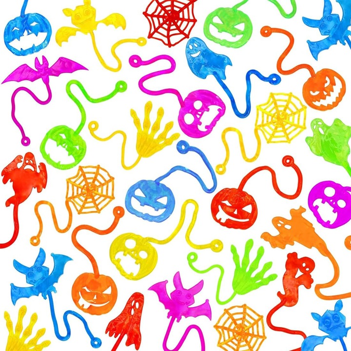 Set 30 Jucarii Sticky, TREXORA, Forme de Fantoma, Dovleac, Liliac, Panza de Paianjen, Plastic, Multicolor, 14+ ani