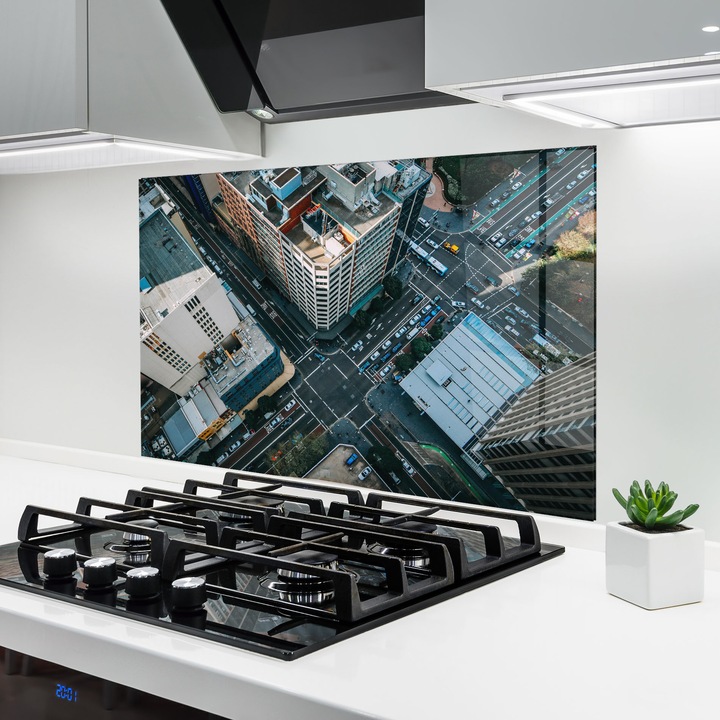 ARTHUB, Konyhai üveg hátfal 60x80 cm, 4 mm edzett, Védő gáz­tűzhely, Fröccsenésgátló, Hőálló, tájképek, városi, Car Street Building