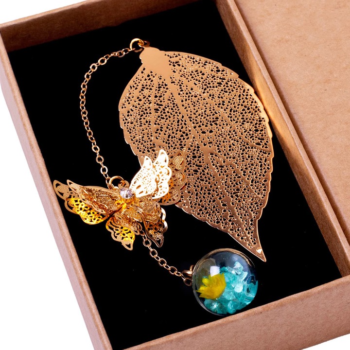 Semn de carte metalic, TREXORA, design elegant, 11x6.6x3cm, multicolor, ambalat in cutie din hartie kraft