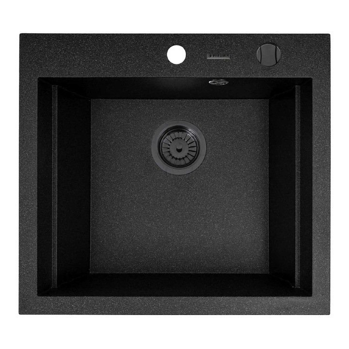 Chiuveta Pyramis SIROS, dimensiune 570x515mm, cuva in 2 trepte, adancime 200mm, 3 variante instalare, valva automata finisaj Pyragranite negru