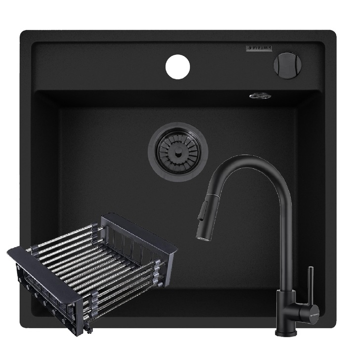 Set chiuveta Pyramis CAMEA, baterie IDEA si Cos Extensibil, dimensiune 530x500mm, adancime 190mm, pipa inalta cu cap extractabil si dus, cos multifunctional extensibil, finisaj Pyragranite volcano