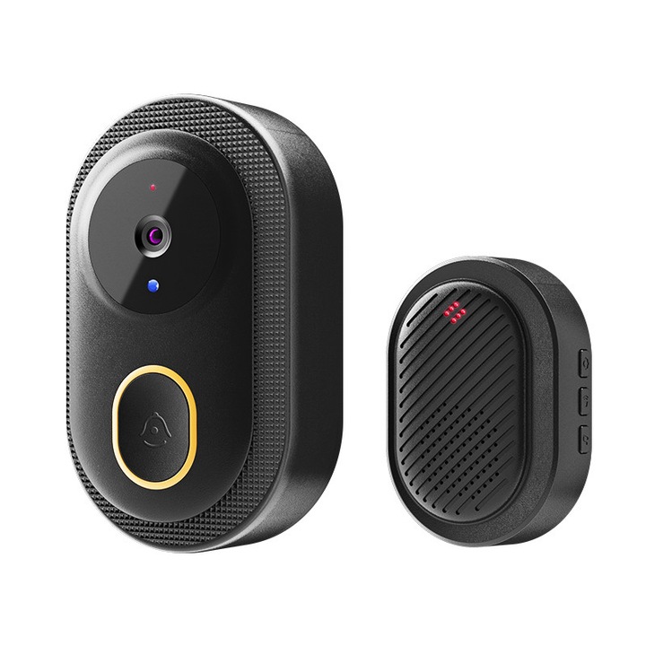 Sonerie video, WiFi, Bluetooth, control volum pe 4 niveluri, IP65 rezistent la apa si praf, interfon bidirectional, vedere nocturna in infrarosu, telecomanda telefon mobil, 800mAh, negru
