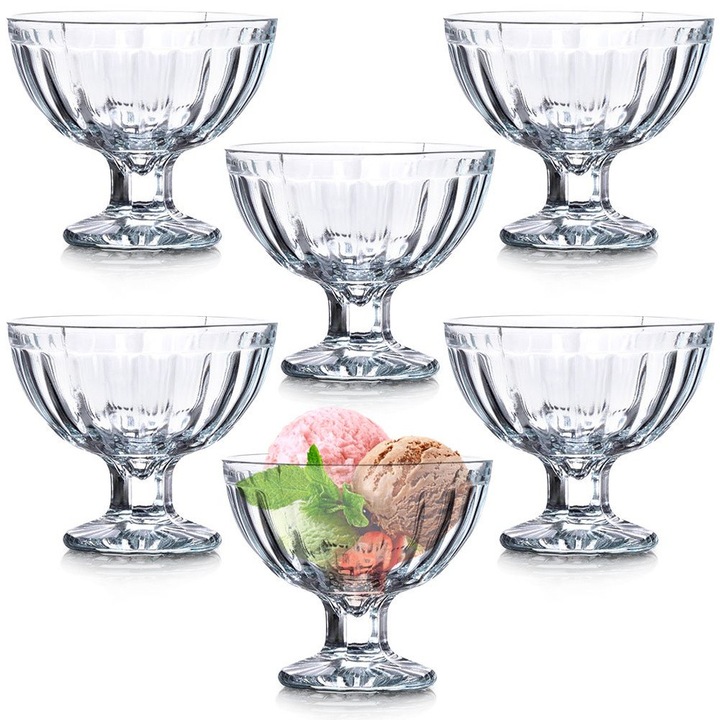 Комплект от 6 чаши за сладолед, Отлични домакински принадлежности, 10x8.5 см, 180 мл, Стъклени, Лесни за почистване, Подходящи за съдомиялна машина, Елегантно релефно покритие, Издръжливи и устойчиви на надраскване, Прозрачни