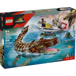 Set de constructie LEGO Jurassic World - Misja na Lodzi si model mozazaura, 858 piese, multicolor, 6x42x20cm