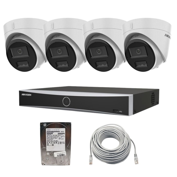 Kit supraveghere Hikvision 2 camere exterior 2MP, 1080P, IR 40m, IP67, DVR 4 canale, accesorii montaj, HDD, manual setari in limba romana