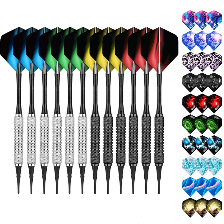 Комплект от 12 стрелички с метален връх за класически дартс, алуминиеви дръжки и стандартни и тънки перки в два цвята, ключ за дартс и 100 пластмасови накрайника, BOMSTOM, Многоцветен