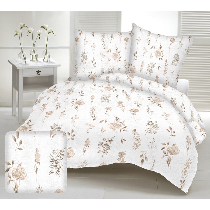 Lenjerie de pat, Fan, satina korowana, 160x200, bej, cu flori pe fond alb, set complet