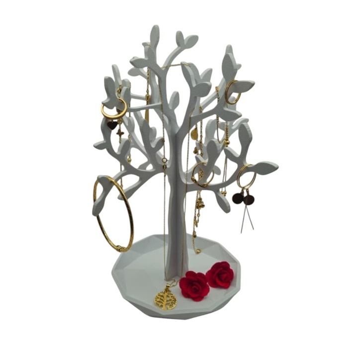 Suport bijuterii Copacul Vietii, organizator cercei si bratari, alb mat, 26 cm