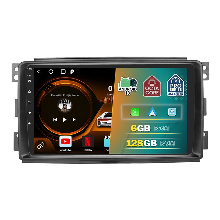 Mercedes Smart ForTwo (2007–2014) navigáció, MaxTech® PRO sorozat, 6 GB RAM, 128 GB ROM, OctaCore processzor, Carplay és Android Auto, 9"-os HD érintőképernyő, GPS, Wifi, Bluetooth, rádió, Waze, Youtube