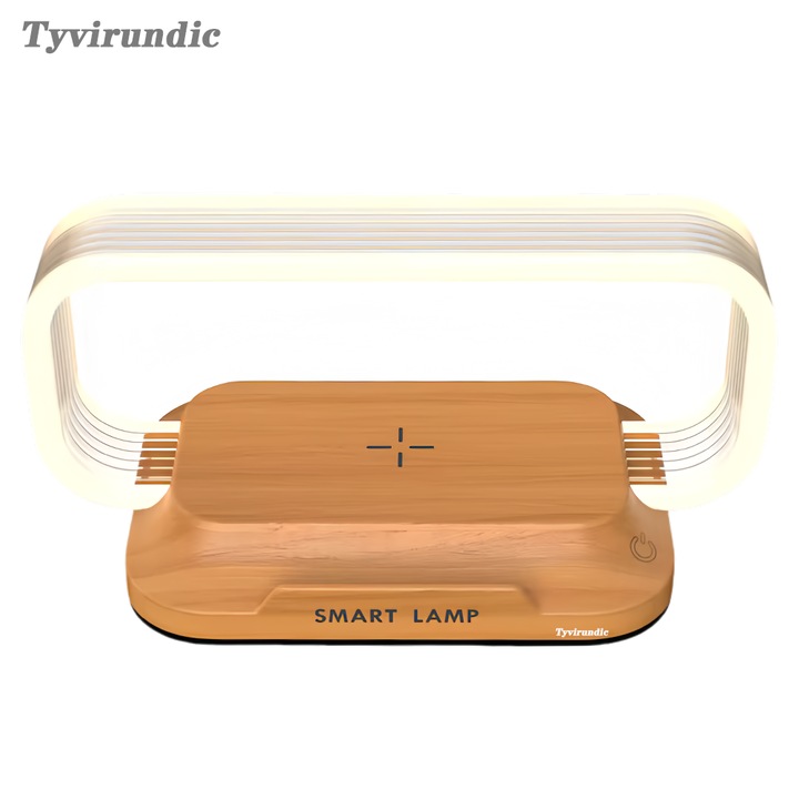 Акумулаторна безжична настолна/нощна лампа, акрилен тъчскрийн, безжично зареждане, стойка за телефон, 15W, кафява