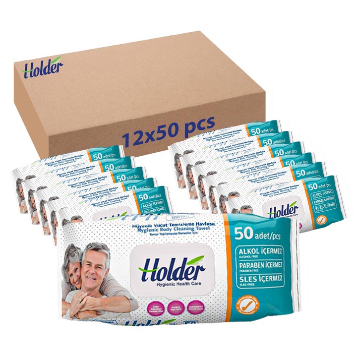 Servetele umede adulti Holder, 12 pachete x 50 buc, cu glicerina hidratanta, inchidere cu capac