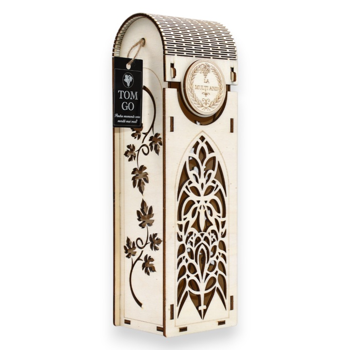 Cutie vin lemn „La Mulți Ani” – Model gotic floral cu frunză stilizată