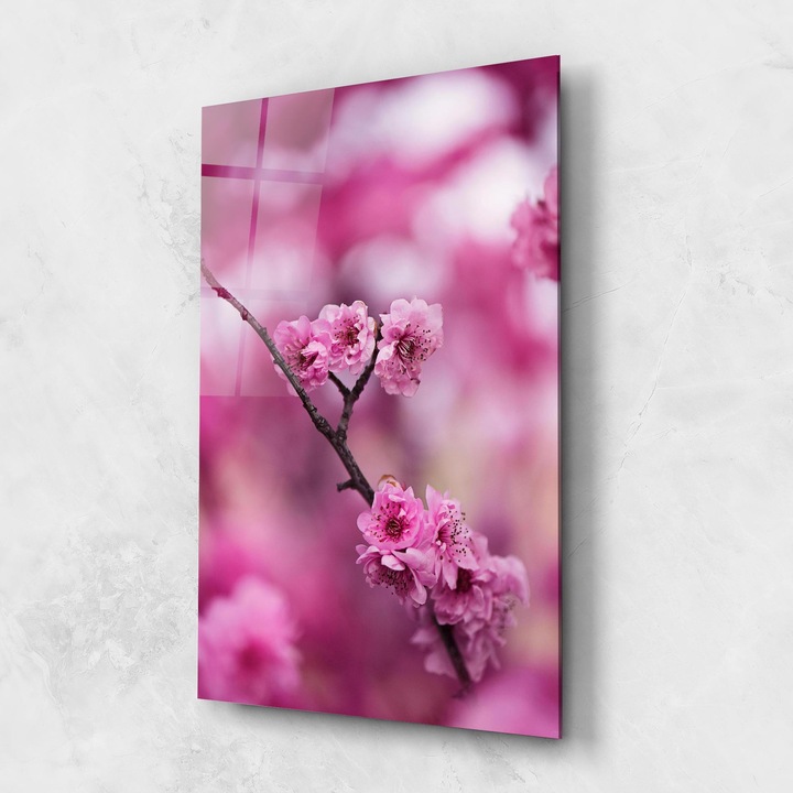 Tablou Sticla, 60x100cm, Dormitor si Living, Flori, Flori In Natura, Pink Flower Tree